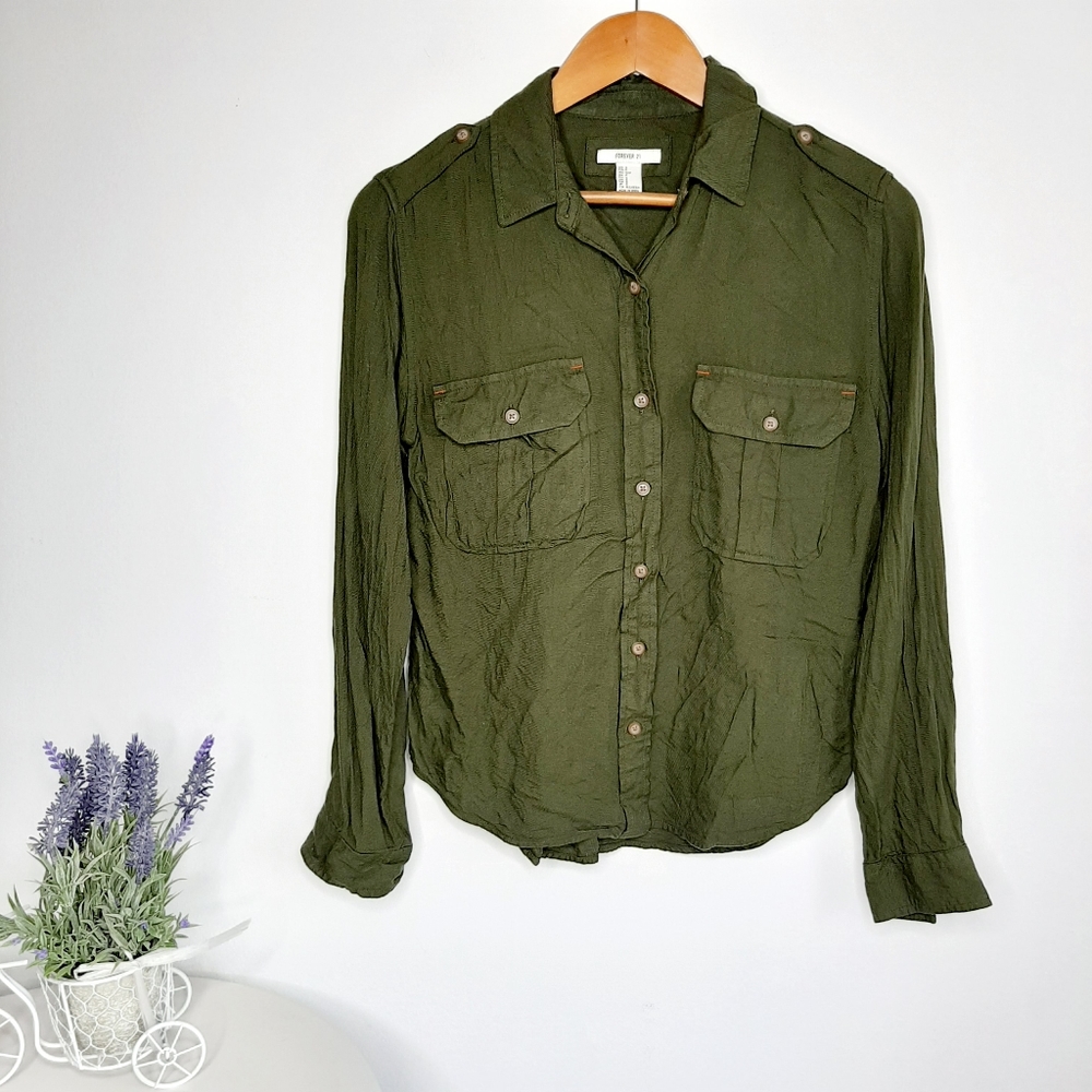 Forever 21 Olive Button Down Blouse size S